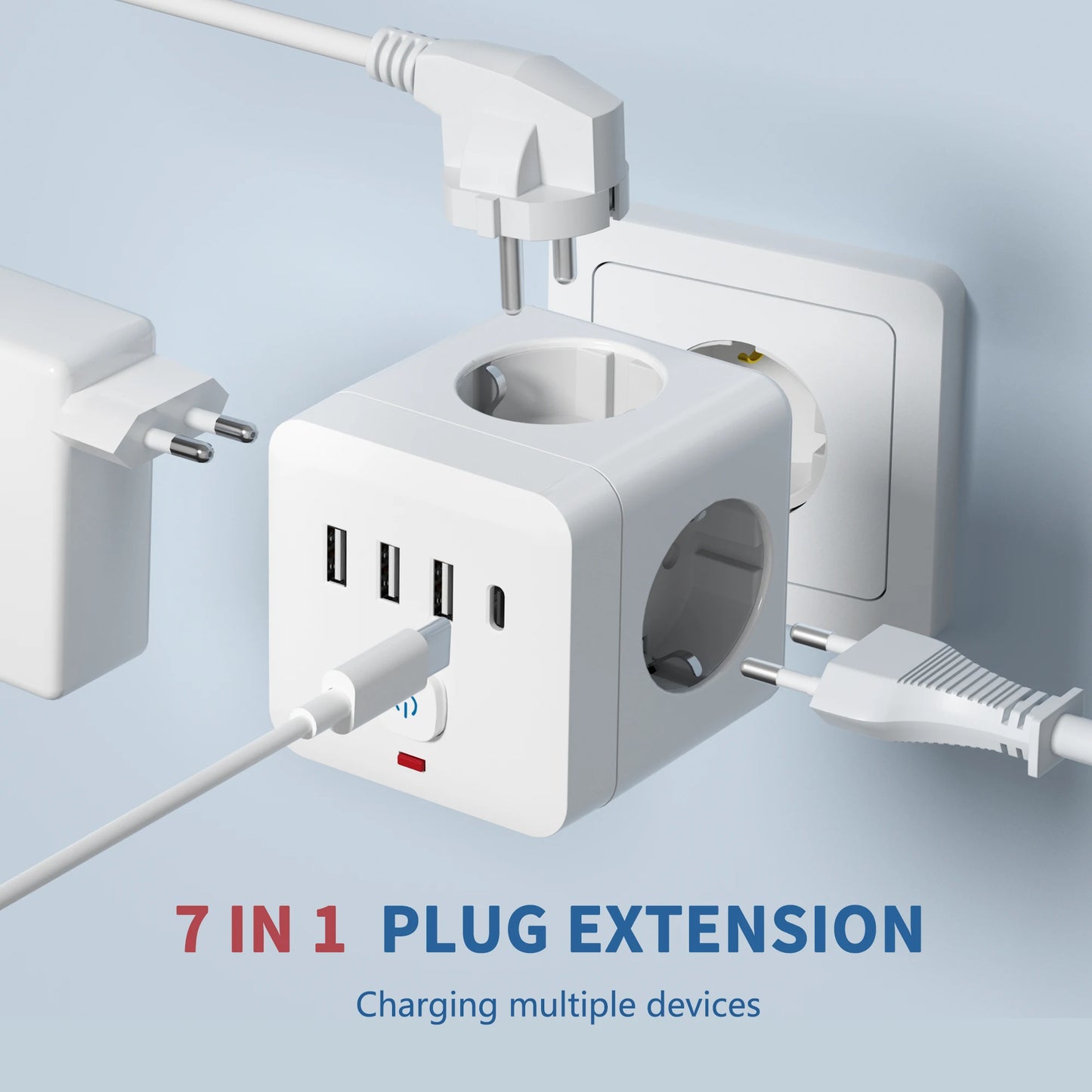 7-in-1 EU Power Strip Surge Protector with 3 AC Outlets 3 USB Ports and 1 Type-C Desktop Charging Station with Overload Protection
