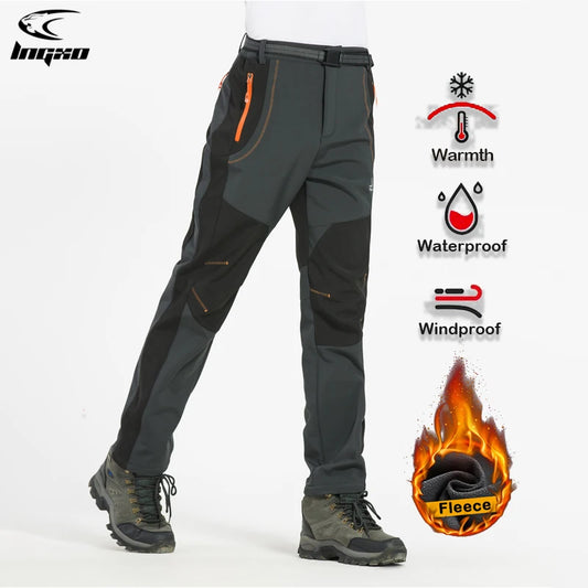 LNGXO Thick Warm Fleece Hiking Pants for Men Winter Waterproof Windproof Outdoor Soft Shell Rain Trousers for Trekking Camping and Skiing