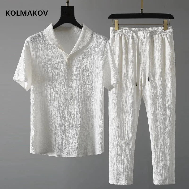 Men's Summer Fashion Classic Shirt and Trousers Set Business Casual Outfit Size M to 4XL