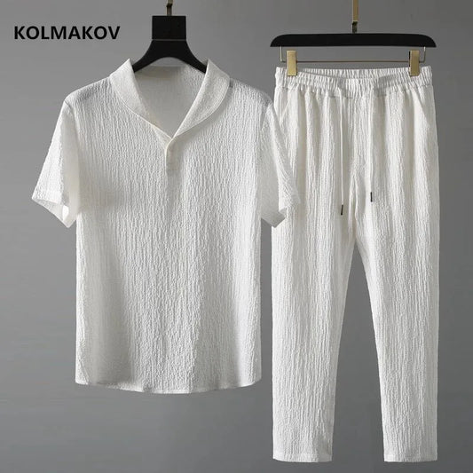 Men's Summer Fashion Classic Shirt and Trousers Set Business Casual Outfit Size M to 4XL