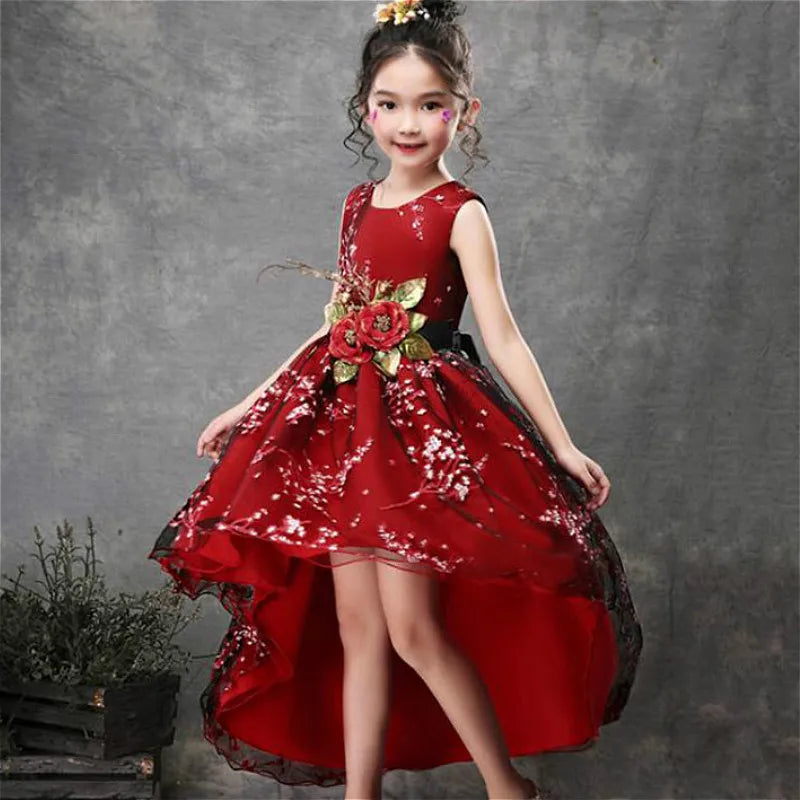 Baby Girls Flower Princess Dress Mid-Calf Length Cotton Polyester Voile Tribute Silk Mesh Age 7-12 Years