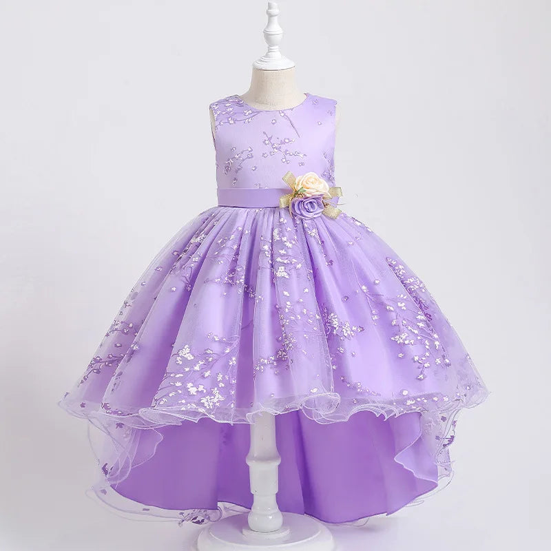 Baby Girls Flower Princess Dress Mid-Calf Length Cotton Polyester Voile Tribute Silk Mesh Age 7-12 Years
