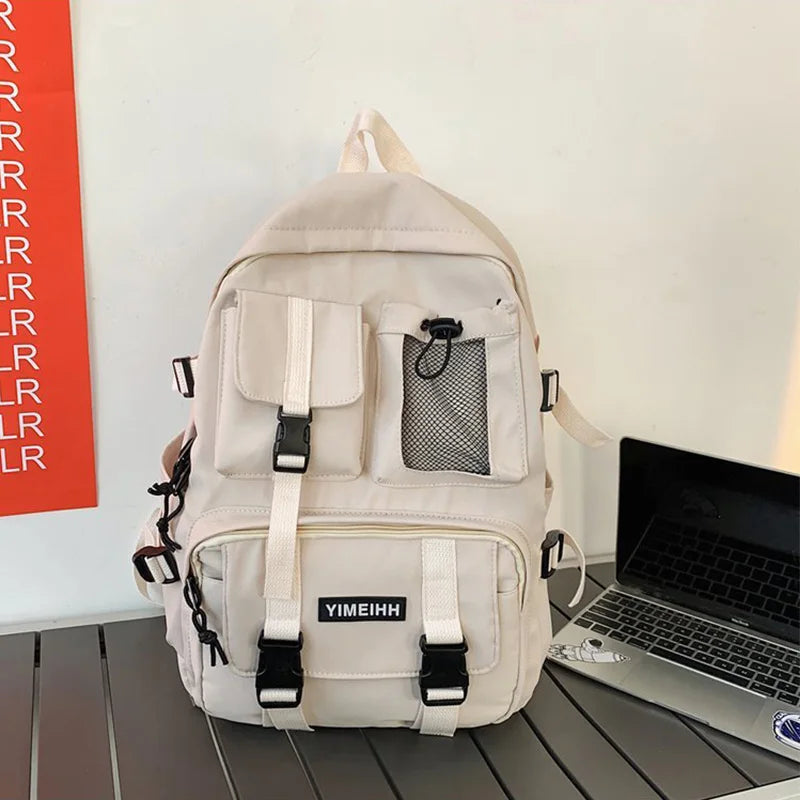 Multiple Pocket Canvas Backpack for Men and Women with Buckle Design Teenager Laptop School Bag