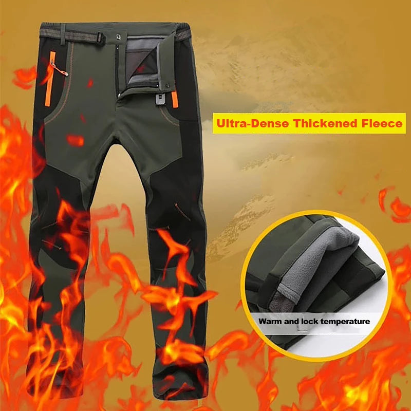 LNGXO Thick Warm Fleece Hiking Pants for Men Winter Waterproof Windproof Outdoor Soft Shell Rain Trousers for Trekking Camping and Skiing