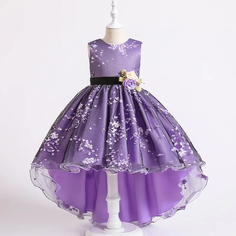 Baby Girls Flower Princess Dress Mid-Calf Length Cotton Polyester Voile Tribute Silk Mesh Age 7-12 Years