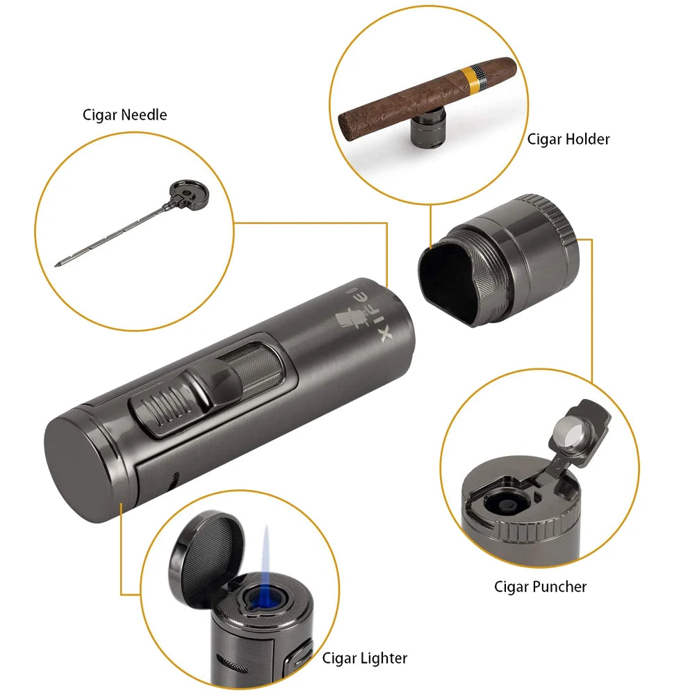 Xifei Cigar Lighter Torch W/ Puncher Holder Aeration Tool Needle Windproof Aansteker Metal Esqueiro Maçarico Smoking Accessories