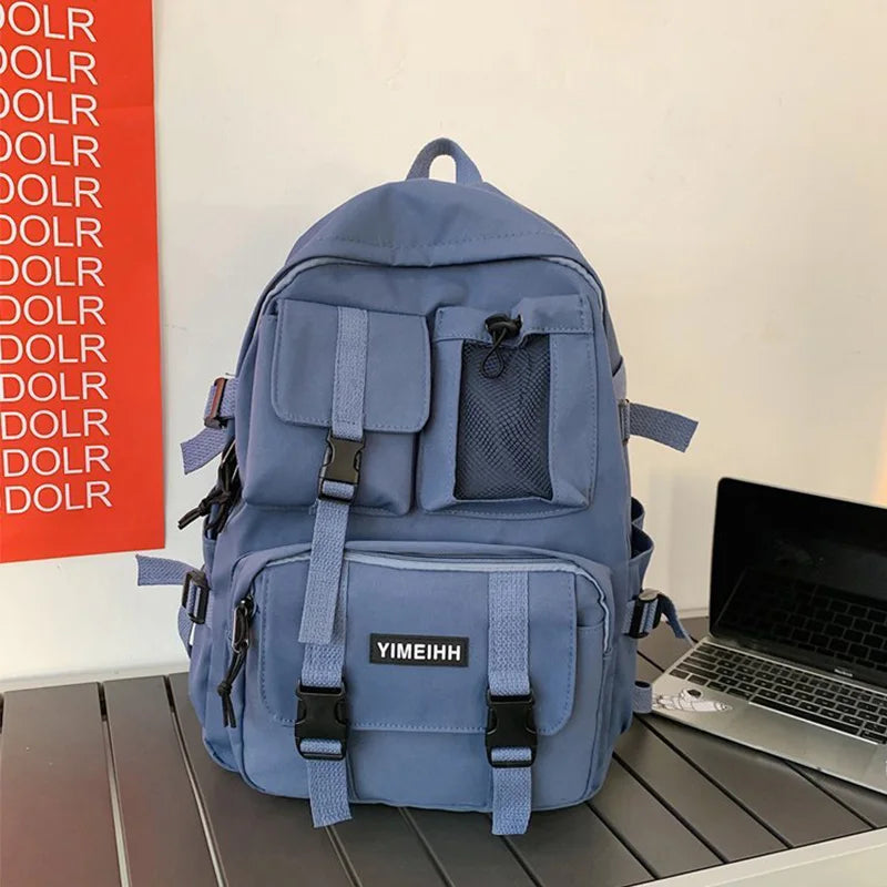 Multiple Pocket Canvas Backpack for Men and Women with Buckle Design Teenager Laptop School Bag
