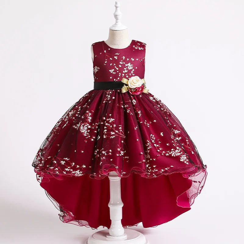 Baby Girls Flower Princess Dress Mid-Calf Length Cotton Polyester Voile Tribute Silk Mesh Age 7-12 Years