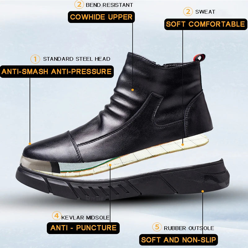 Genuine Leather Men's Boots Safety Shoes Men Chelsea Boots Steel Toe Shoes Work Sneakers Indestructible Shoes Security Boots