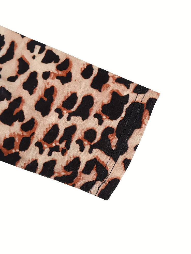 Plus Size Womens Elegant Leopard Print Long Sleeve Top with Lace Trim and Deep V Neck