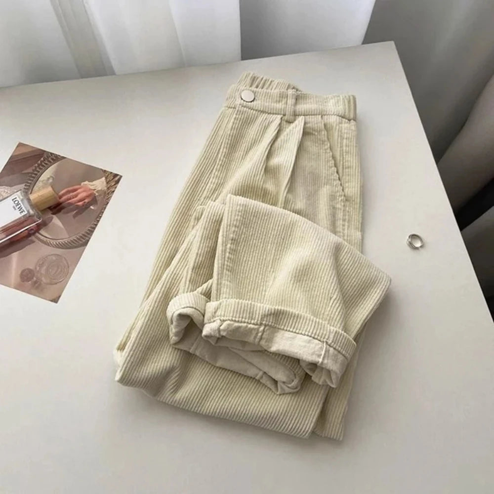 Women Korean Fashion Spring Fall Retro Straight High Waist Corduroy Pants Casual Full Length Trousers Office Lady Style