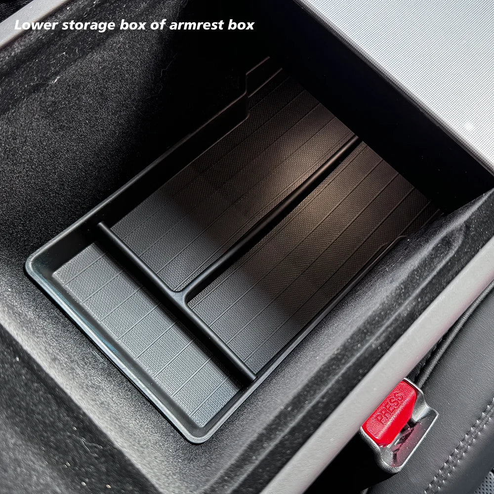 Console And Armrest Storage Box For Tesla New Model Y 2025 Juniper ABS With Silicone Non Slip Mat And Water Cup Holder