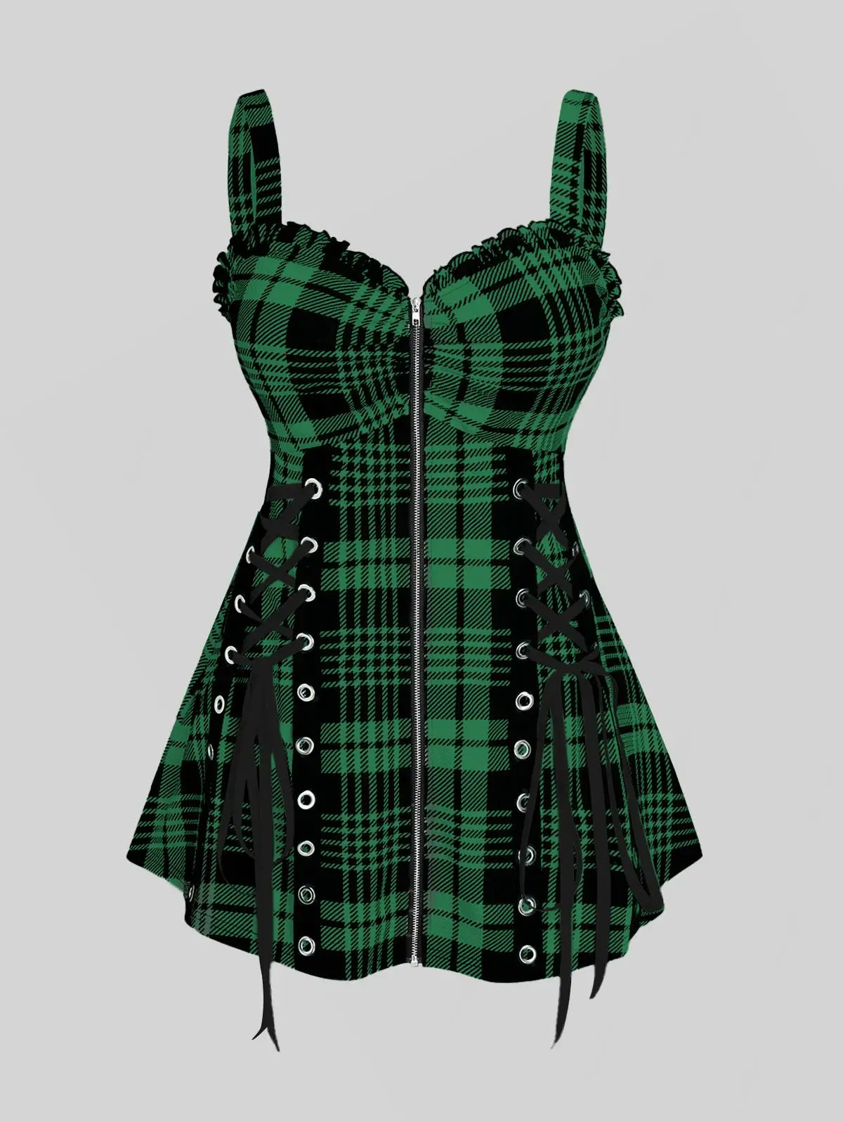Rosegal Plus Size Plaid Tank Top Sweetheart Neck Front Full Zipper Ruffle Vest Women Summer Streetwear Lace Up Tops 5XL