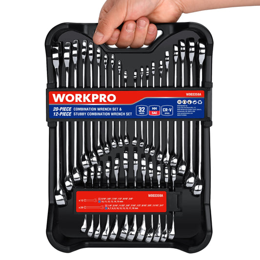 Workpro 32 Piece SAE and Metric Combination Wrench Set with 20 Piece Standard Wrenches and 12 Piece Stubby Wrenches Organizer