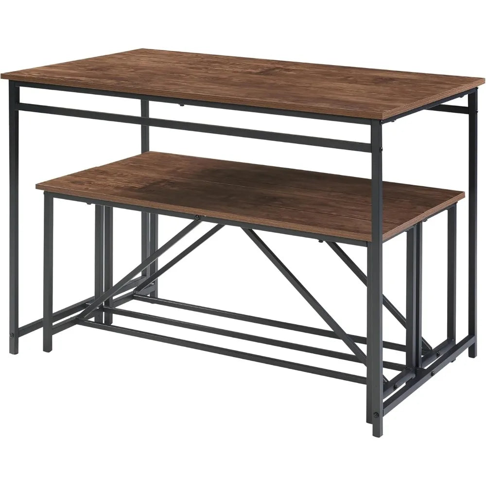 3 Piece Dining Room Table Set 43 Inch Kitchen Table with Two Benches Breakfast Table Top Metal Frame