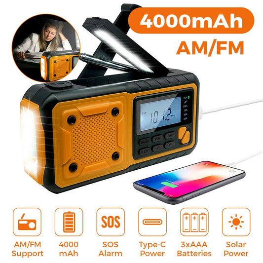 4000mAh Portable Emergency Solar Power Radio Hand Crank Charging AM FM Weather Radio LED Reading Flashlight Phone Charger