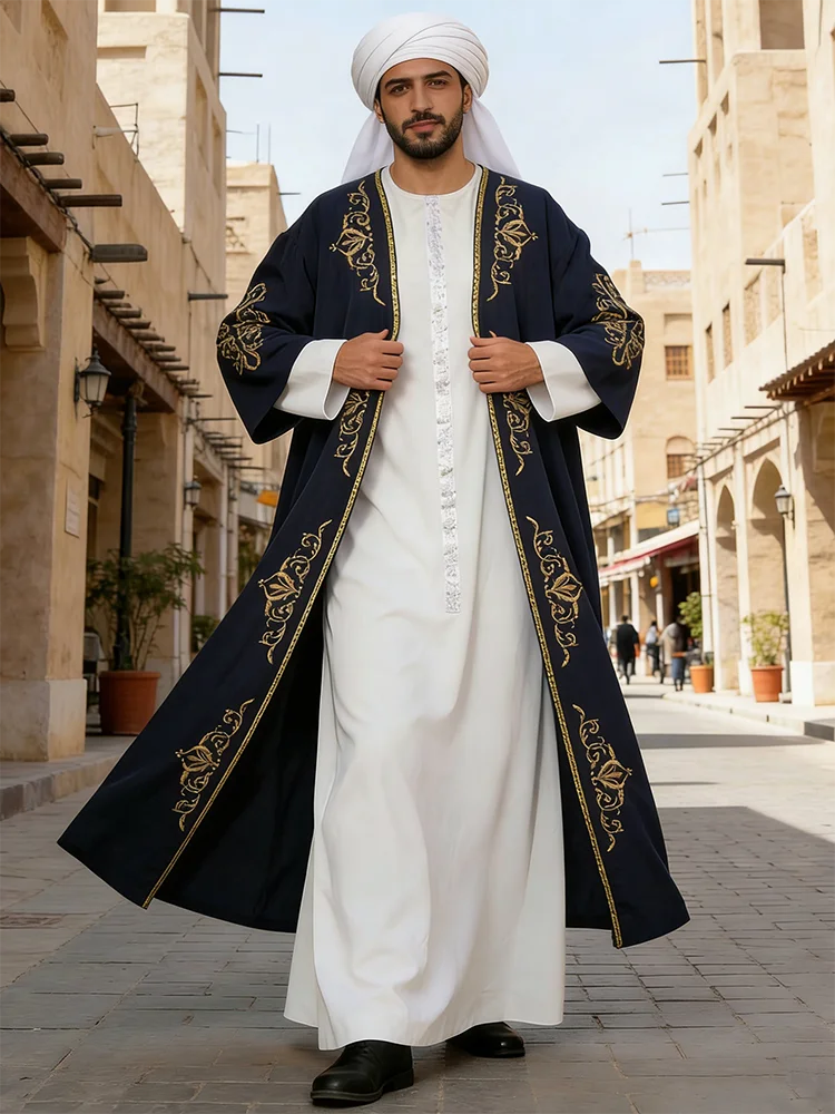 Abaowedding Men's Kaftan,Muslim arab THobe Caftan,Long Sleeve Embroidered Casual Formal Dubai Thobe
