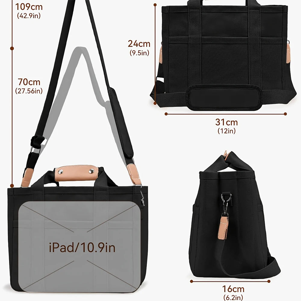 Women’s Canvas Tote Bag with Multiple Pockets, Large Capacity Shoulder Messenger Bag, Stylish, Durable & Versatile for Daily
