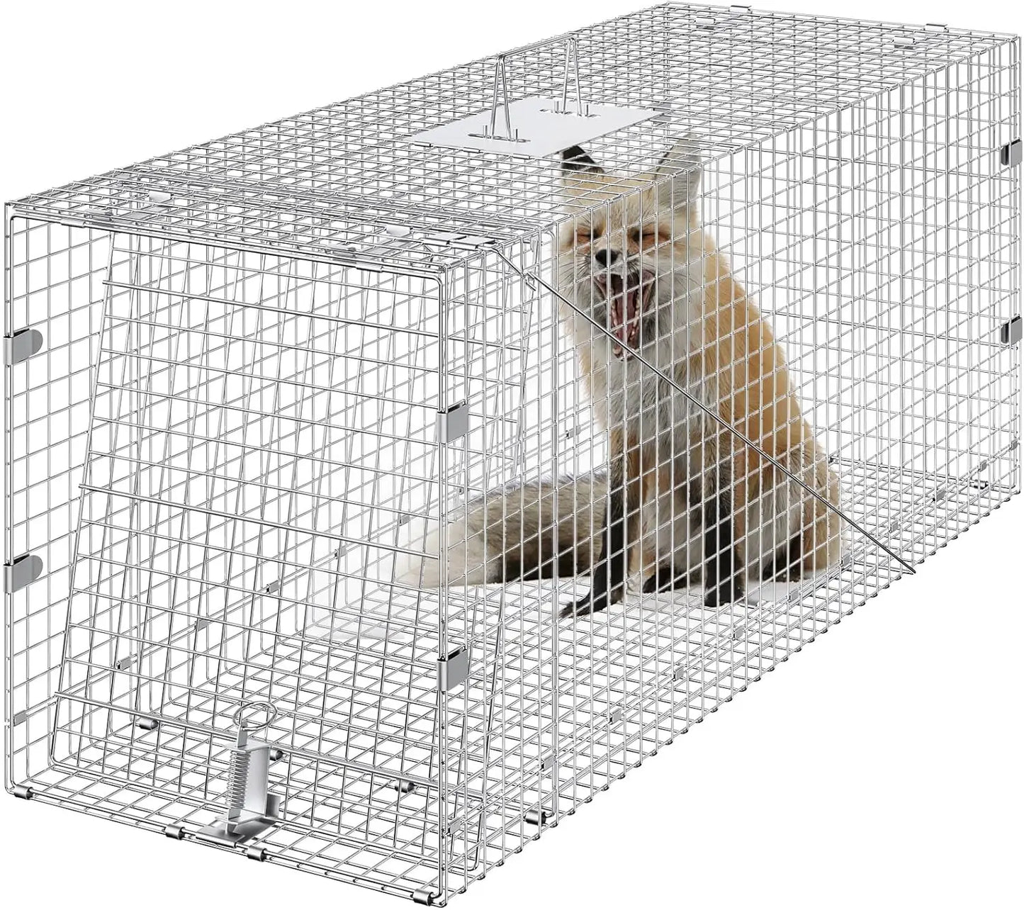 Live Animal Cage Trap 42 Inch x 16 Inch x 18 Inch Humane Cat Trap Galvanized Iron Folding Animal Trap Cage with Handle