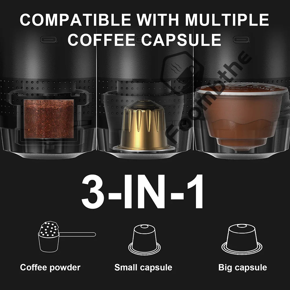 Wireless Electric Portable Espresso Coffee Machine for Car and Home Camping 3-in-1 Capsule Powder Travel Coffee Maker