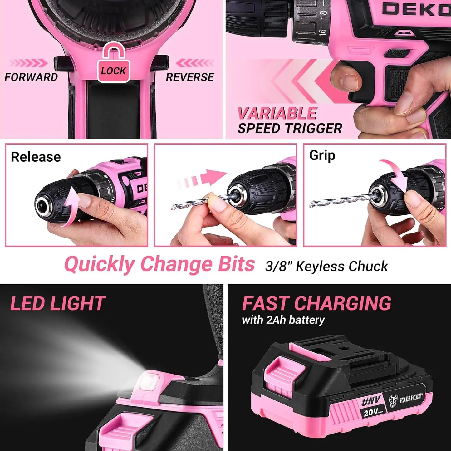 DEKO Pink Drill Tool Kit Set: 20V Cordless Power Drill Tool Box with Battery Electric Drill Driver