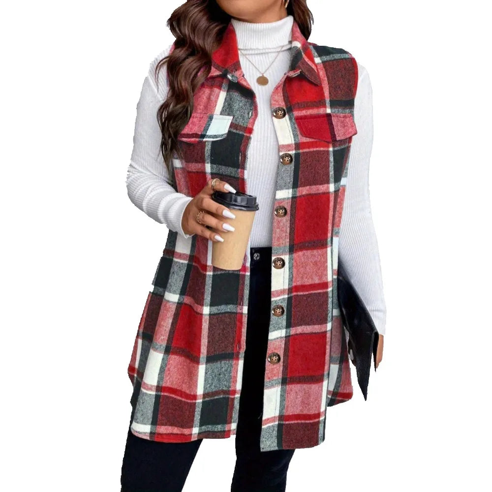 Women Plus Size 1XL to 5XL Plaid Print Sleeveless Coat Fashionable Thick Thermal Vest for Ladies
