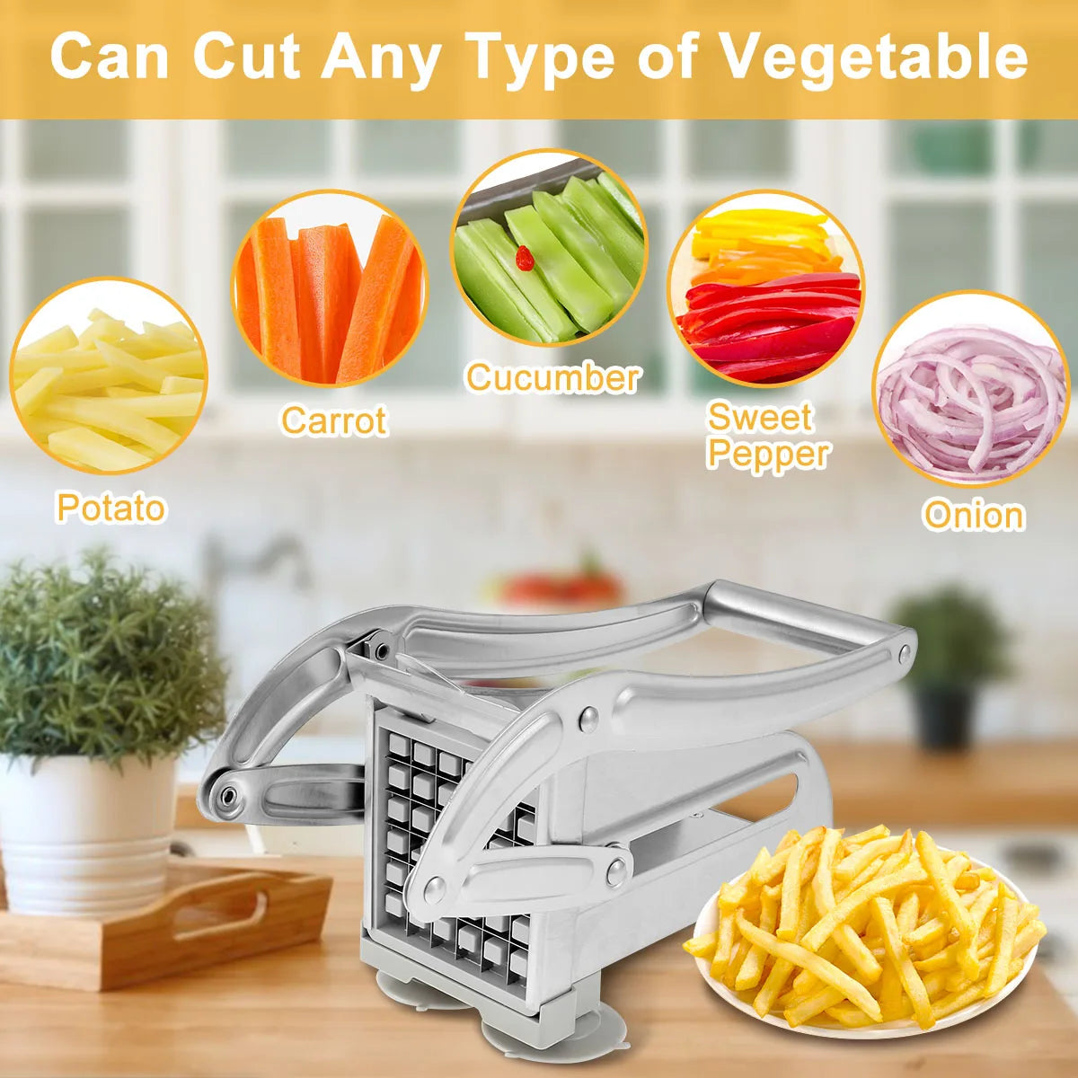 French Fry Cutter Stainless Steel Potato Chipper Manual Food Slicer Dicer Multifunction Vegetable Fruit Onion Chipper