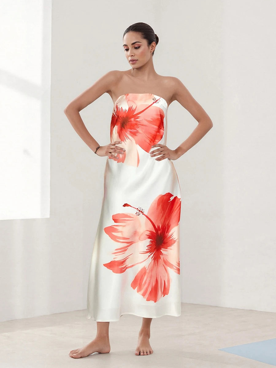 Women Off Shoulder Maxi Dress with Ruffle Detail and Boho Floral Print Elegant Fit Bandeau Dress for Summer Beach