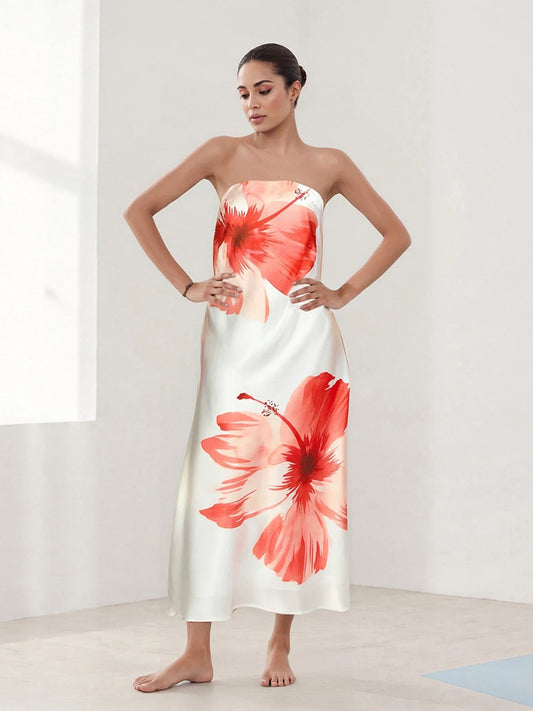 Women Off Shoulder Maxi Dress with Ruffle Detail and Boho Floral Print Elegant Fit Bandeau Dress for Summer Beach