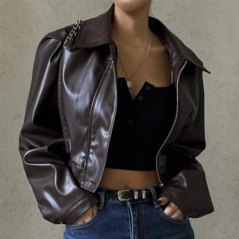 Xeemilo Autumn Faux Leather Short Jacket Y2K Turn Down Collar Fashion Button Decoration PU Coat 2022 Grunge Street Casual Coats