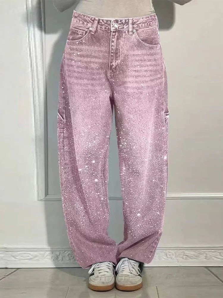 Shiny Rhinestone Baggy Women's Wide Leg Jeans Full Diamond Dragging Denim Pants Vintage Washed Casual Trousers