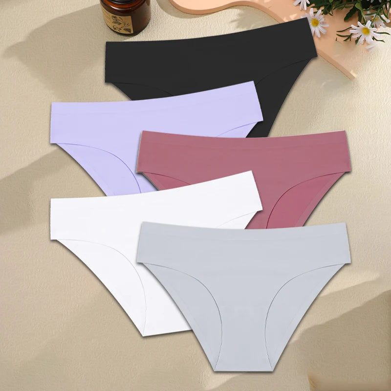 Finetoo 5PCS Seamless Panties for Women Sexy Ice Silk Underwear Solid Briefs Low Waist Comfortable Invisible Lingerie Intimates
