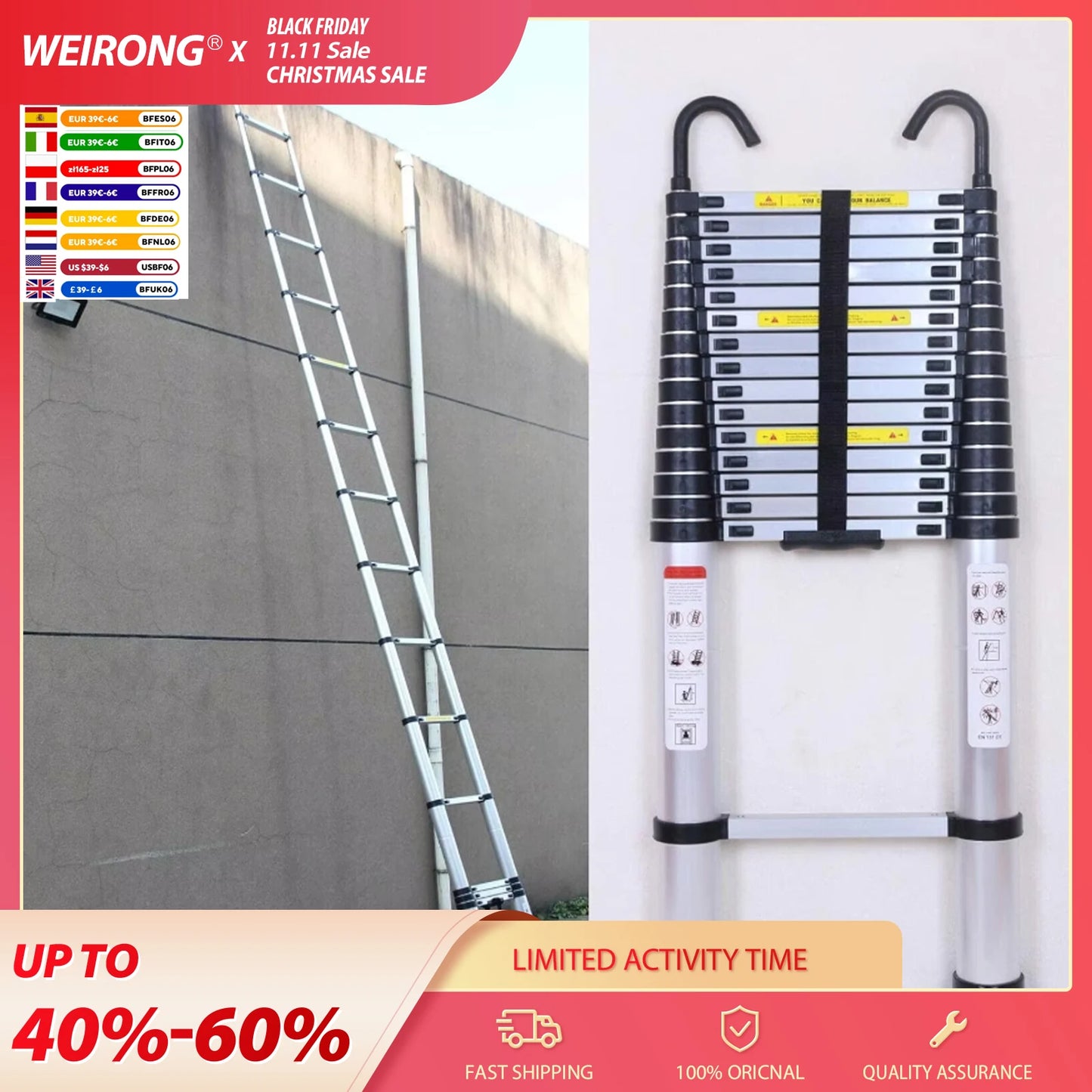 DayPlus Telescopic Ladder 6.2M 20.3FT with Detachable Hooks Extendable Steps Folding Tall Loft Collapsible Ladder with Non Slip Feet