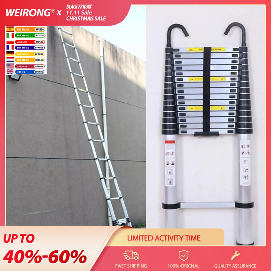 DayPlus Telescopic Ladder 6.2M 20.3FT with Detachable Hooks Extendable Steps Folding Tall Loft Collapsible Ladder with Non Slip Feet