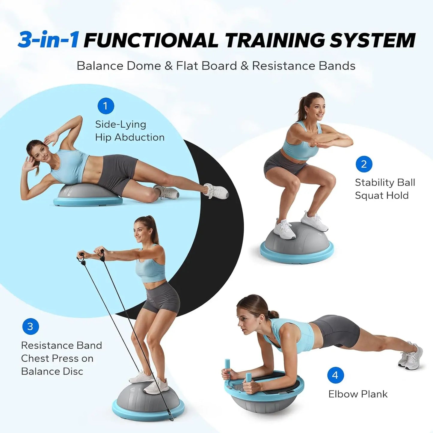 18-Inch Half Exercise Ball with Resistance Bands and Pump for Core Strength Training, 300lb Capacity