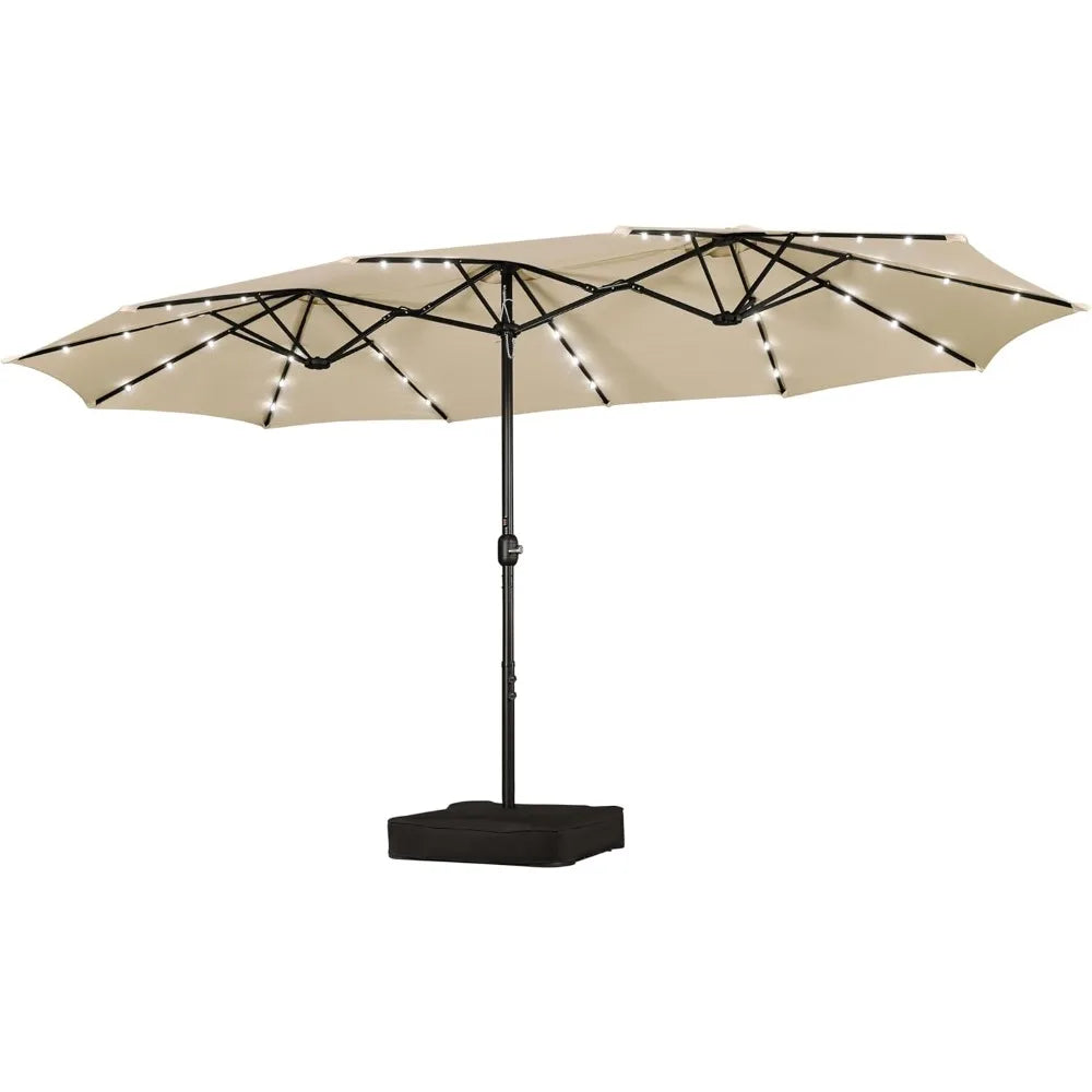 15 Ft Large Patio Umbrella with Solar Lights Double Sided Outdoor Rectangle Market Umbrella with 36 LED Lights and Base Included