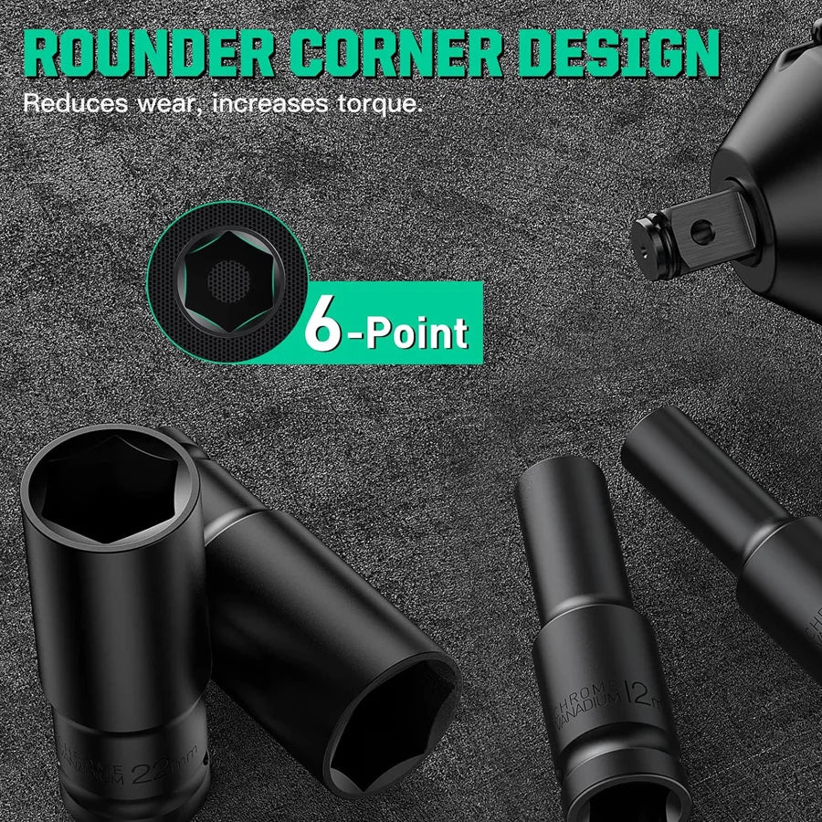 1/2 Inch Drive 6 Point Impact Socket Set 10 Piece Metric Sizes 8 To 24mm Carbon Steel Impact Sockets with Hard Storage Box