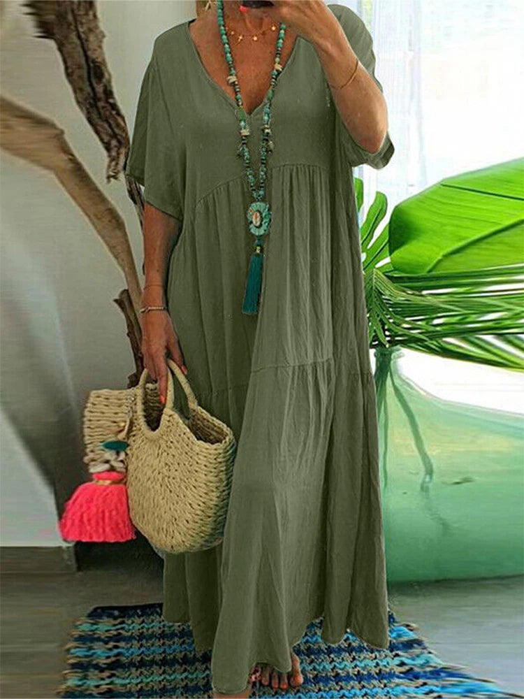 Plus Size Women's Casual Loose Ankle Length Dress V Neck Polyester