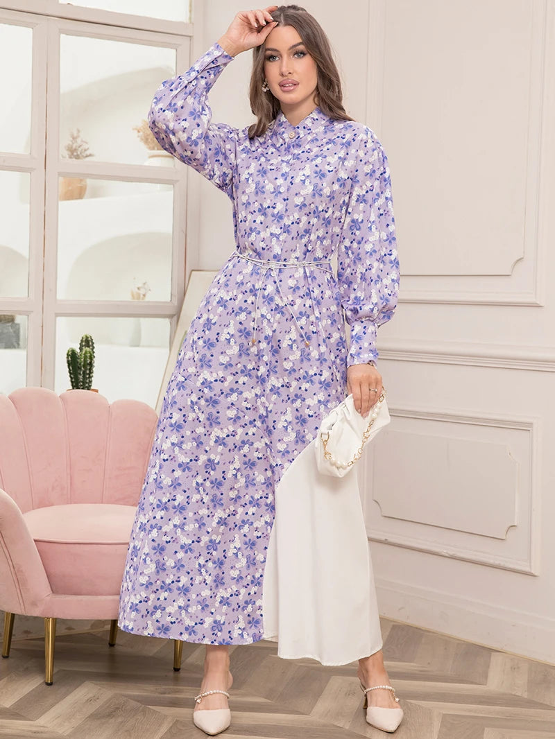 Elegant Floral Print High Neck Belted Long Dress for Spring