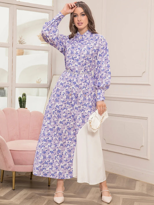 Elegant Floral Print High Neck Belted Long Dress for Spring
