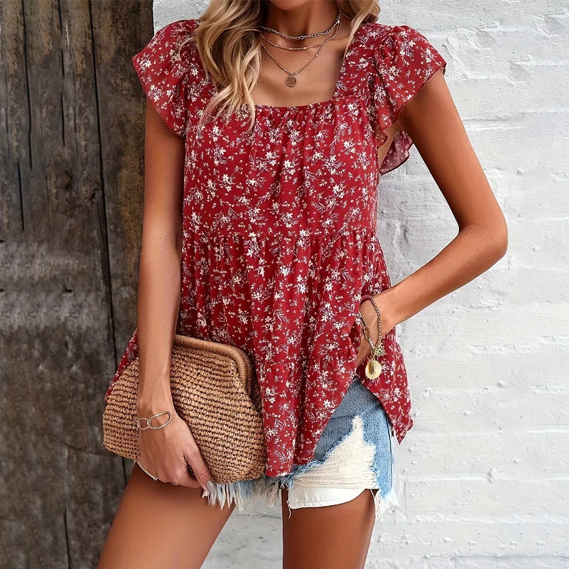 Plus Size Women's Floral Print Square Collar Layered Shirts Loose Fit Work and Vacation Clothing