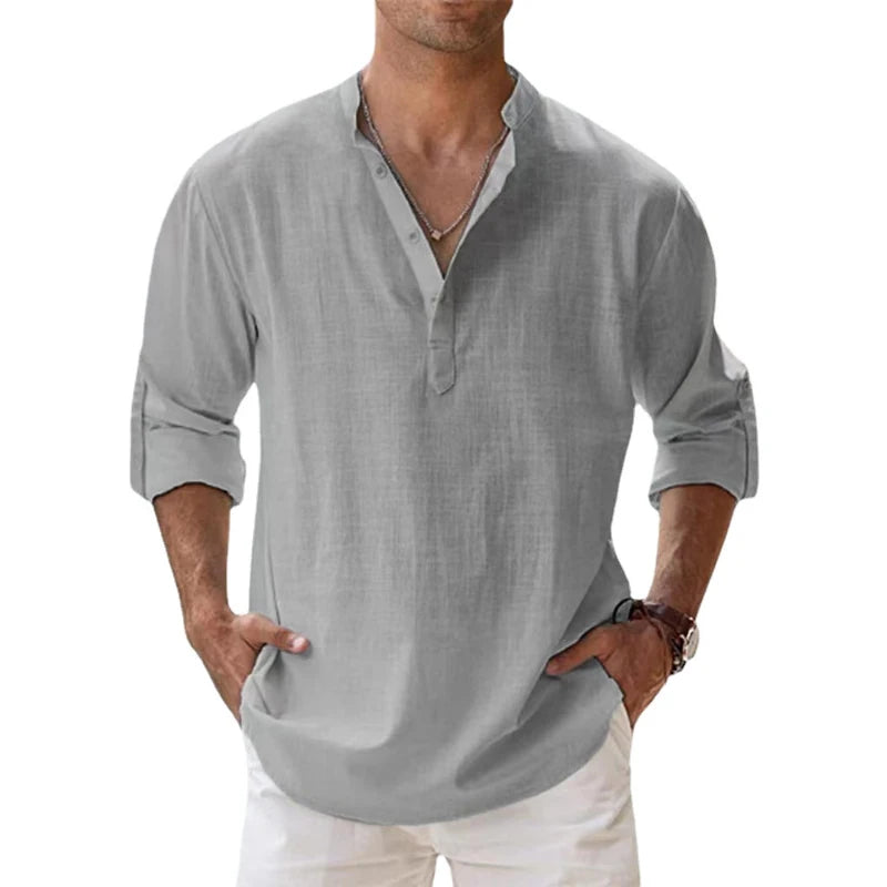 New Cotton Linen Casual Shirts for Men Lightweight Long Sleeve Henley Beach Hawaiian T Shirts