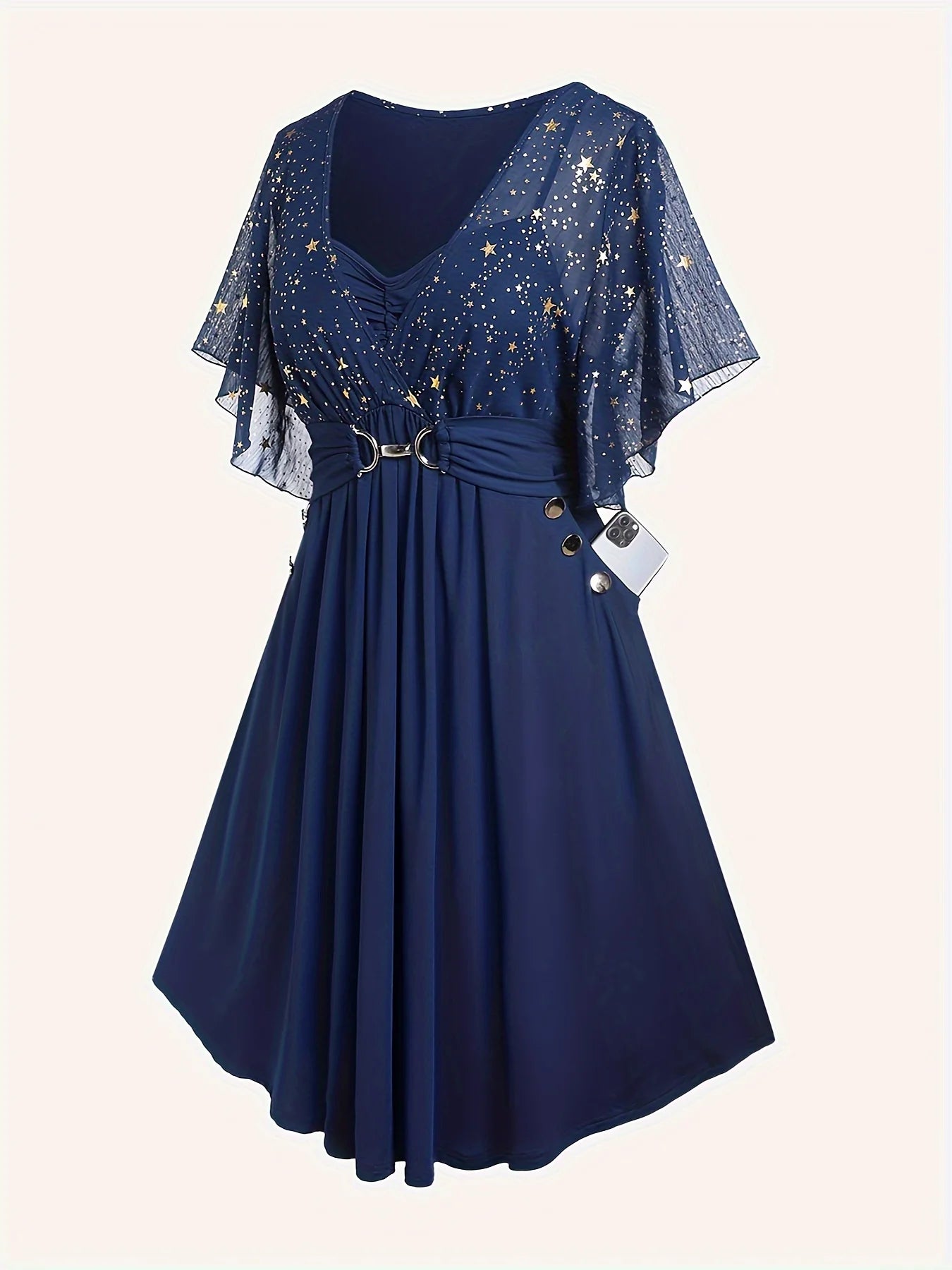 Fashion Women's Plus Size Star Print Button Pocket Pleats Butterfly Sleeve Elegant Dress
