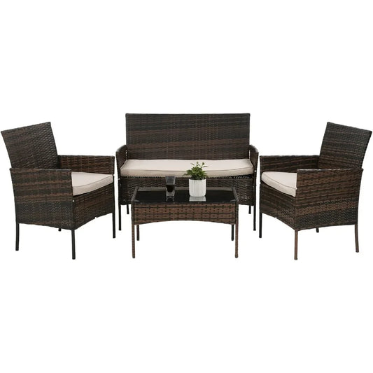 4 Pieces Patio Furniture Set Rattan Wicker Sofa Garden Conversation Set with Soft Cushions and Glass Table
