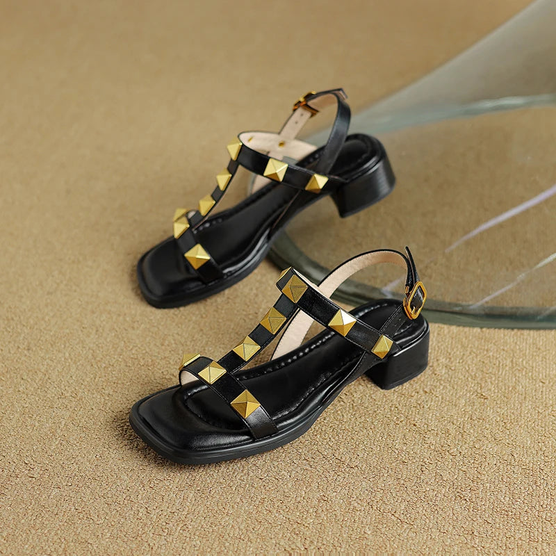 US 5-10Size Genuine Leather Studded Slingback Heel Rivet Women's Sandals With Adjustable Ankle Buckle Roman Pumps  Heels Sandals