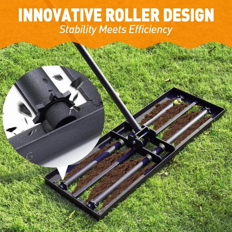 Professional Lawn Leveling Rake with 4 Spiked Wheels and Smooth Roller for Landscaping and Restoration