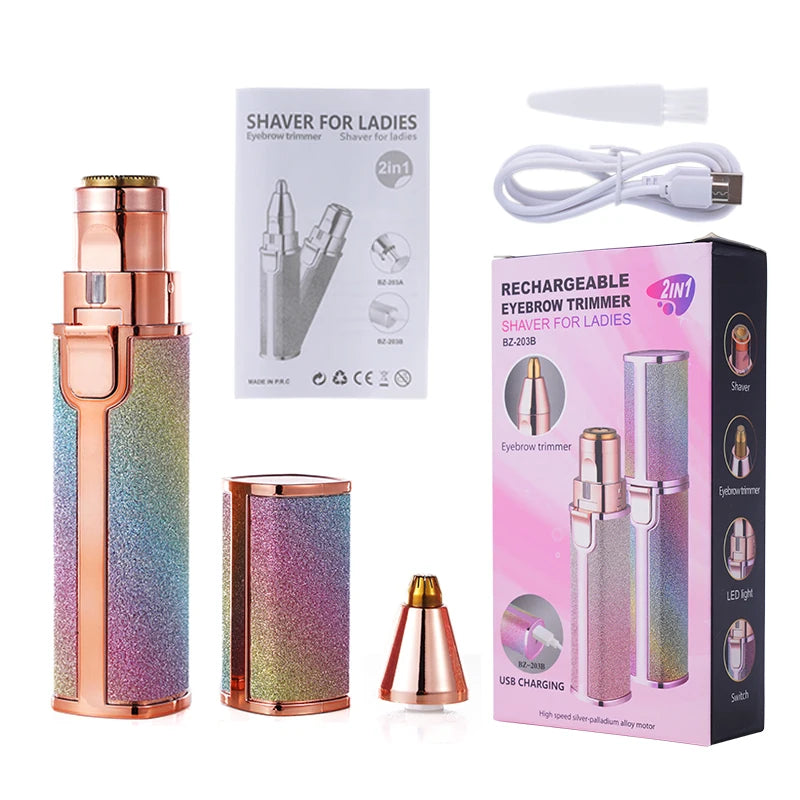 2 In 1 Rechargeable Epilator Electric Eyebrow Trimmer Female Body Facial Lipstick Shape Hair Removal Mini Painless Razor Shaver