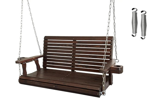 Wooden Porch Swing 2-Seater, High Backrest and Deep Seat, Bench Swing with Cupholders, Hanging Chains and 7mm, Customized
