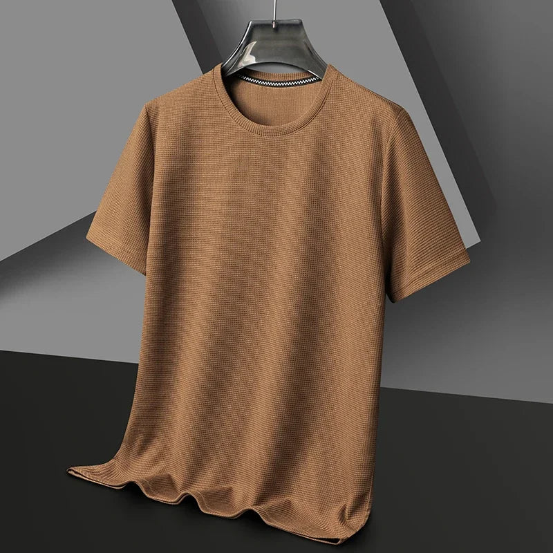 New Summer Waffle Round Neck Short Sleeved T Shirt for Men Casual Top