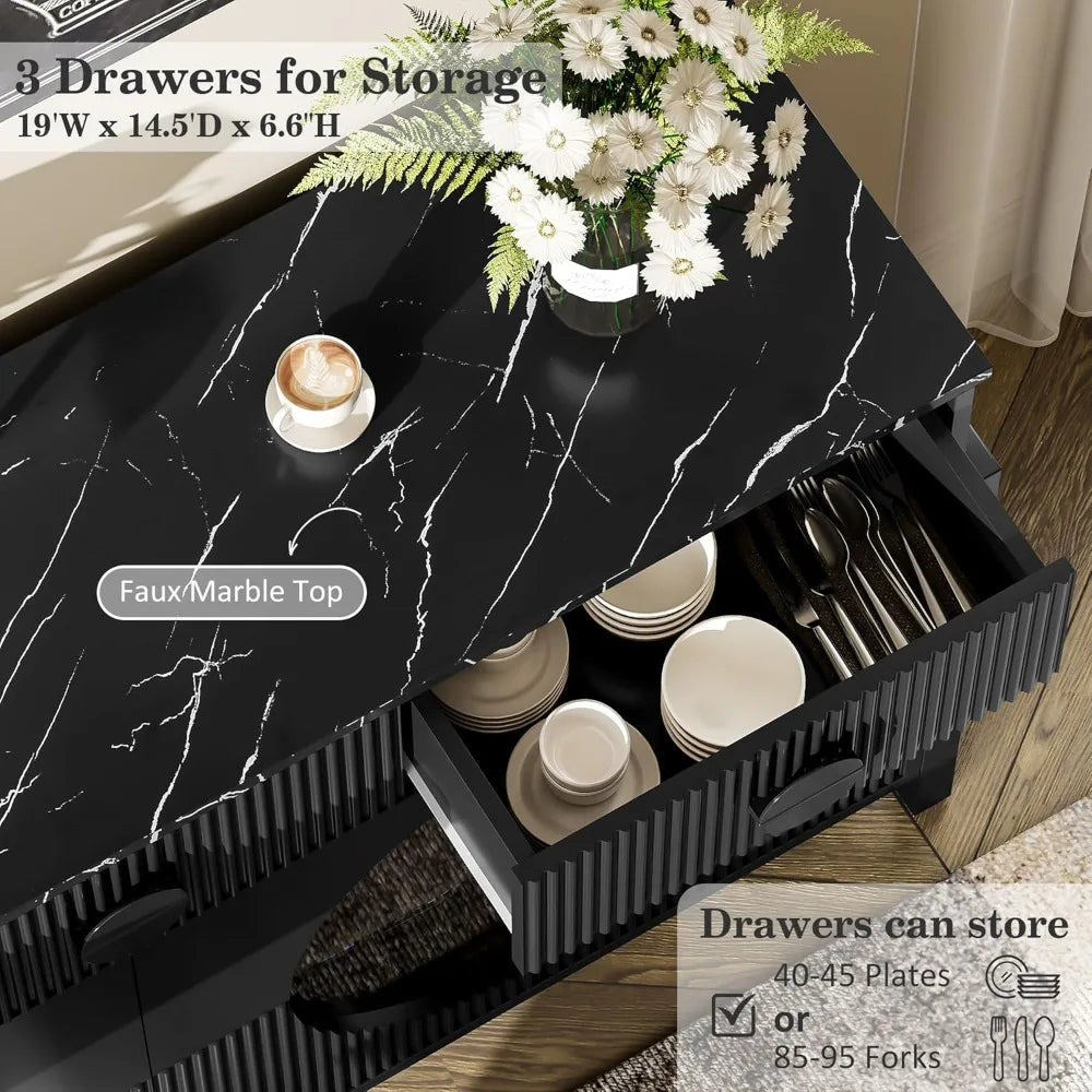 62" Fluted Sideboard Buffet Cabinet with LED Lights & Glass Doors, Faux Marble Top Console Table with 2 Adjustable Shelves